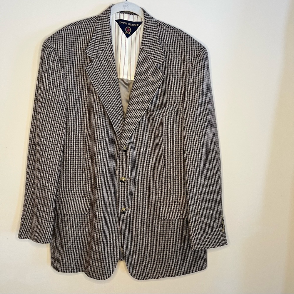 Tommy Hilfiger‎ Vintage Sport Coat Blazer Houndstooth Tweed Brown Tan Men's 43 R